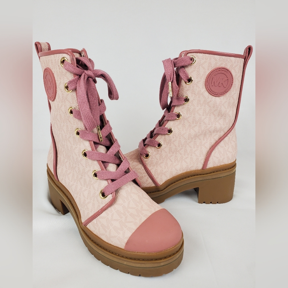 Women's Michael Kors Pink Lace Up Leather Logo Combat Boots Size 6